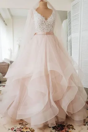 Blush Pink Lace Wedding Dress Multi-Layered Wedding Gowns With Ribbon N1634