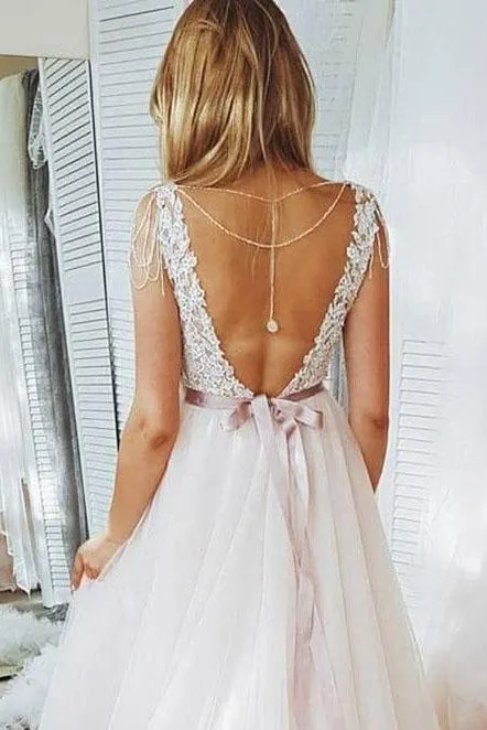 Blush Pink Lace Wedding Dress Multi-Layered Wedding Gowns With Ribbon N1634