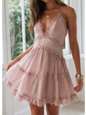 Ruffle Cross-Tied Back Pink Short Sundress