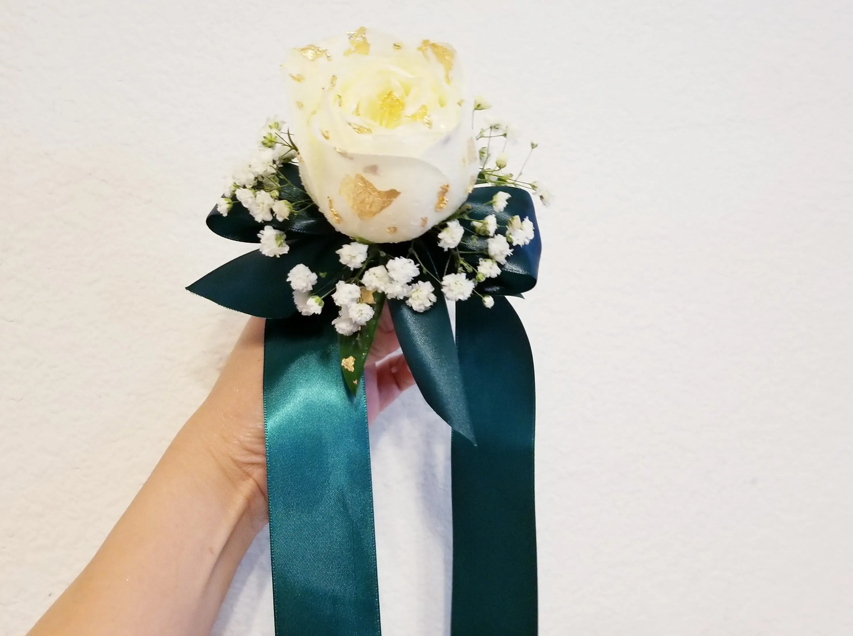 White Roses Corsage & Boutonniere with Long Teal Ribbon