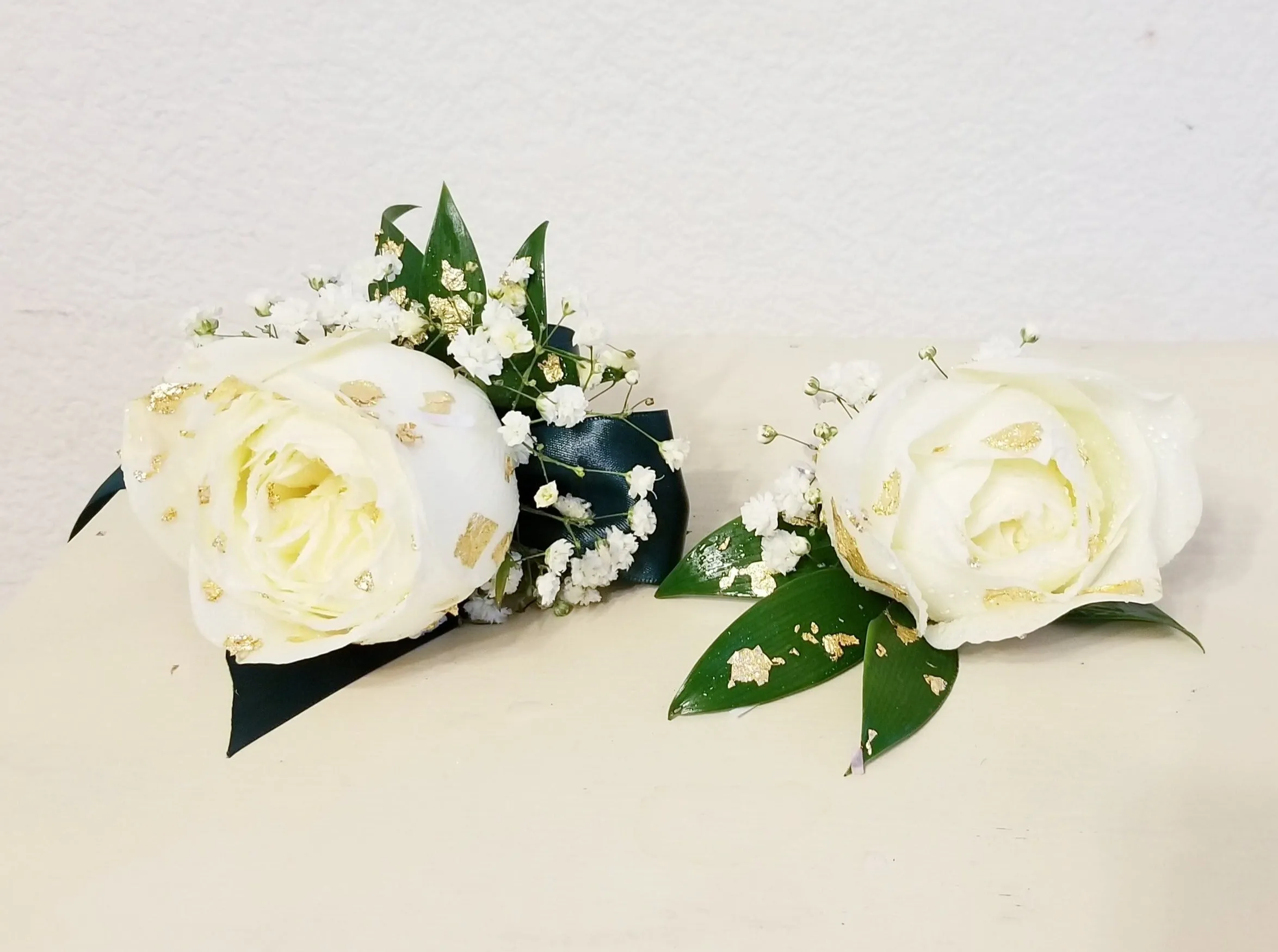 White Roses Corsage & Boutonniere with Long Teal Ribbon