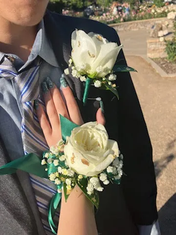 White Roses Corsage & Boutonniere with Long Teal Ribbon