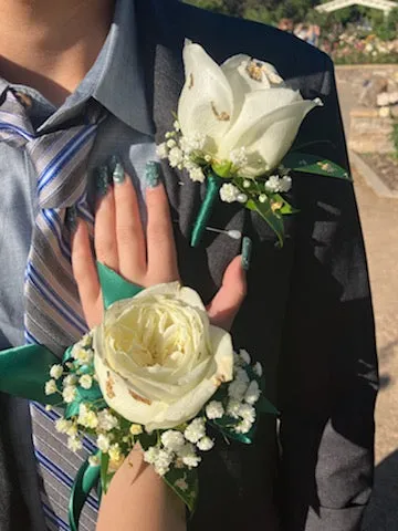 White Roses Corsage & Boutonniere with Long Teal Ribbon