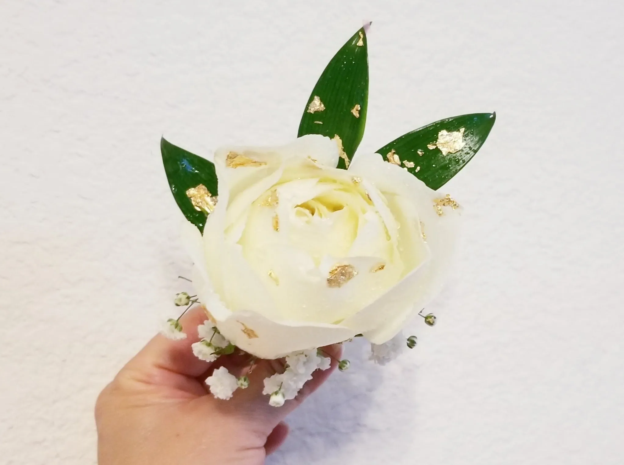 White Roses Corsage & Boutonniere with Long Teal Ribbon