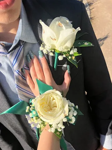 White Roses Corsage & Boutonniere with Long Teal Ribbon