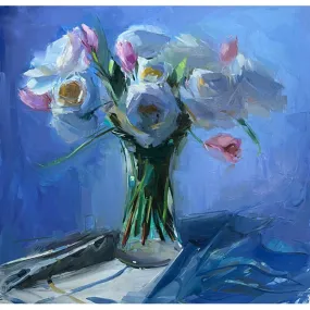 White Roses, Pink Tulips & Cool Blue